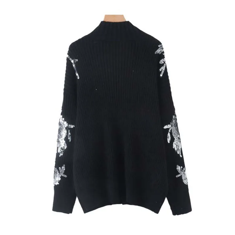 Beading Sequined Loose Knitted Sweater Floral Pattern Turtleneck Long Sleeve Stretchy Pullovers Female Retro Tops | Женская одежда