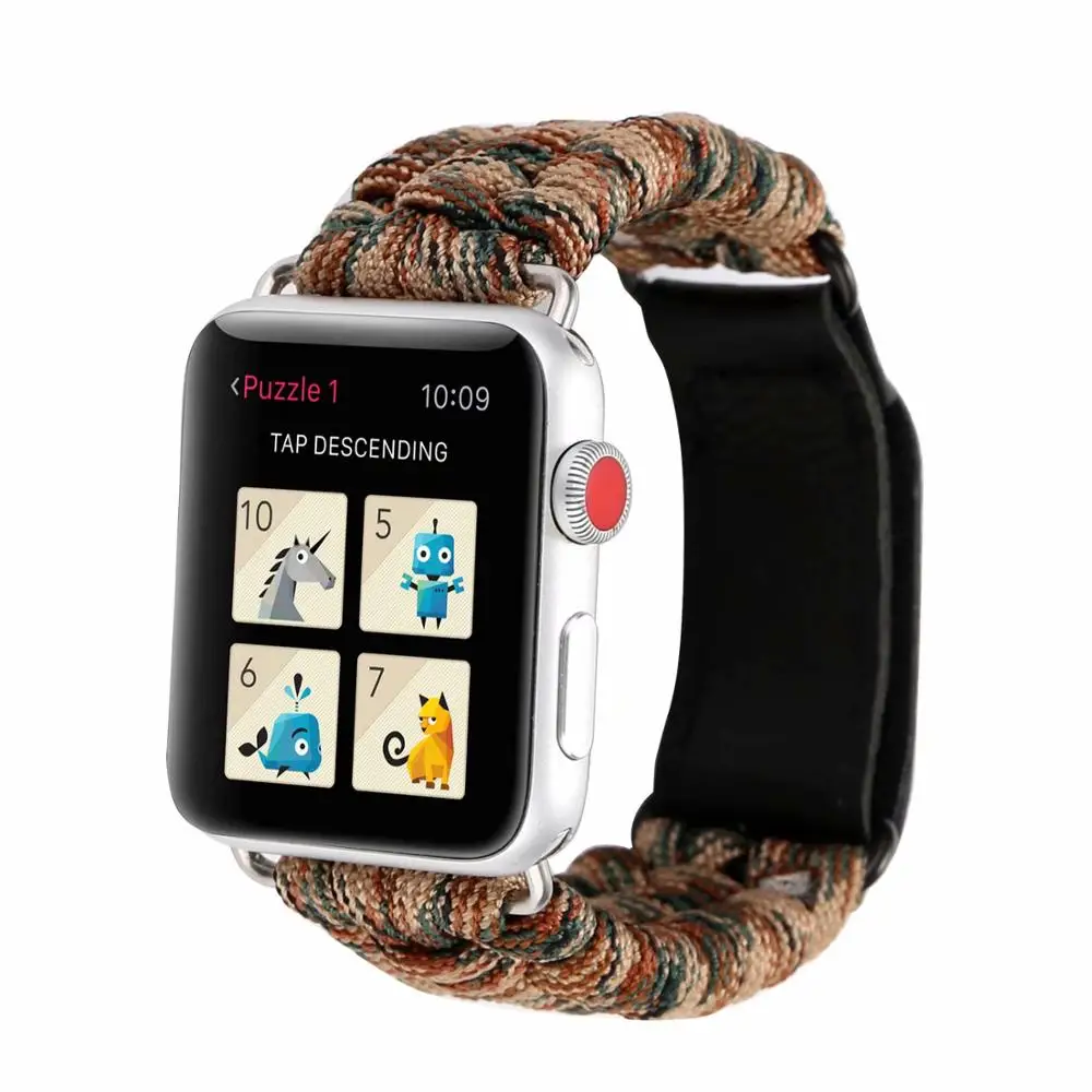 L Brown Нейлоновый спасательный трос ремешок с кожаной петлей Пряжка для apple watch ремешок 38 мм/42 мм/40 мм/44 мм наручный ремень для iWatch серии 5 4 3 - Цвет ремешка: L Brown