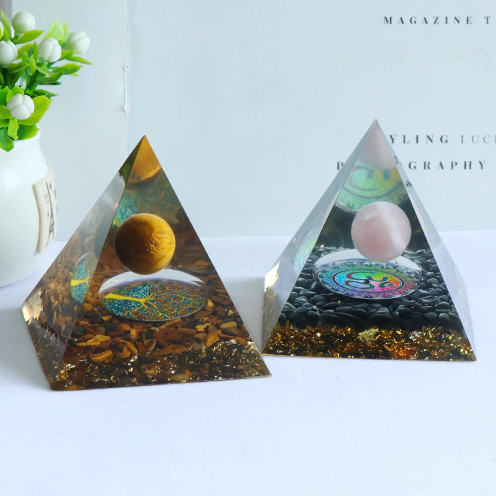 

Orgonite Pyramid 6cm Lucky Amethysts Agate Healing Meditation Crystal Ball Energy Pyramid Protection Converter Home Decor Crafts