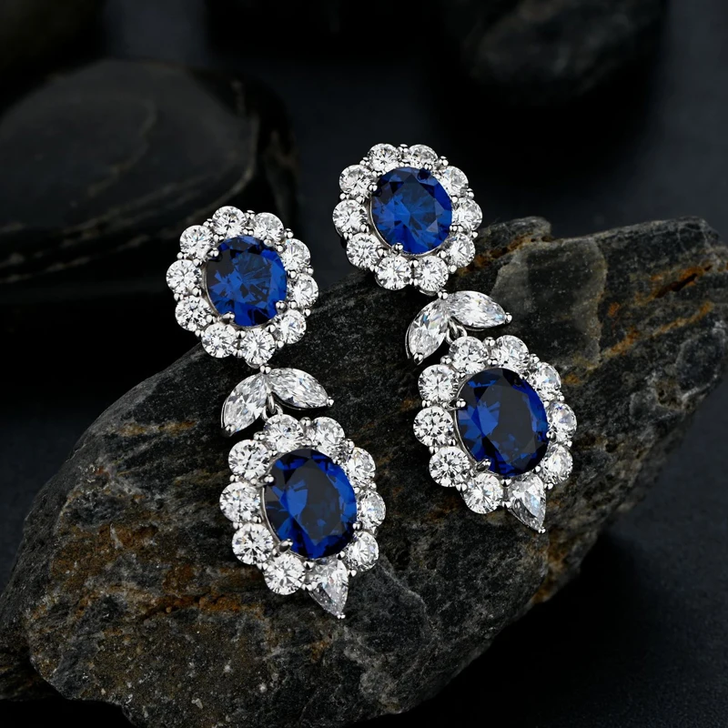 

Earring925 Sterling Silver Drop Earrings For Women Sparkling Full High Carbon Sapphire Flowers Wedding Party Fine JewelryRings