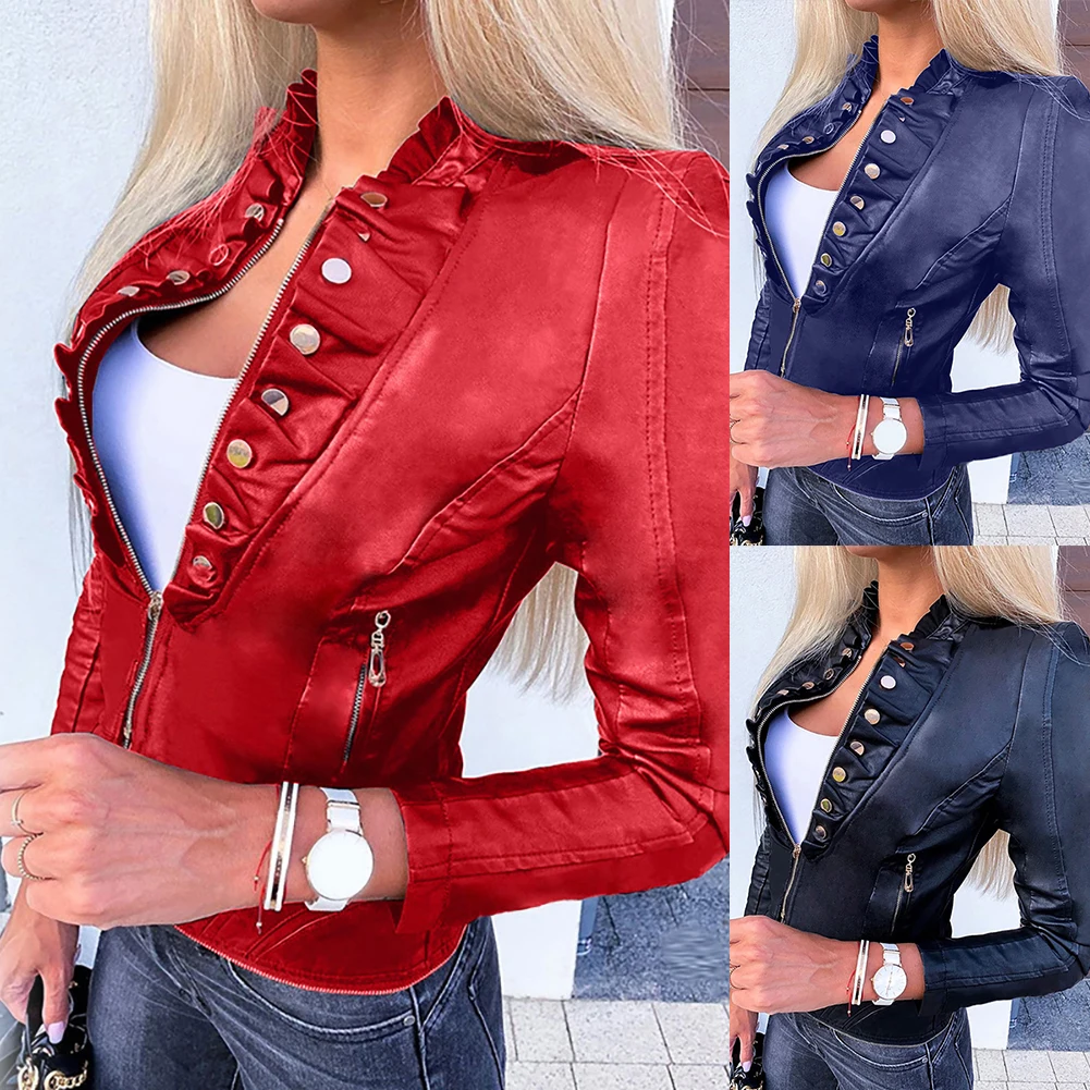 Fashion Women Autumn Winter Faux Leather Zip Pockets Ruffled Motorcycle Jacket New Ladies Basic Street Coat Plus Size Outwear | Женская