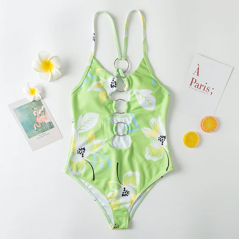 

Roseheart Green Sexy Sports Deep V Swim Cut Out One-Piece Suits Sexy Swimwear Sportswear Holiday Beach Cartoon Printed Backless