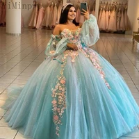 ice blue ball gown quinceanera dresses off shoulder long sleeve corset closure sweep train appliques ballkleider prinzessin