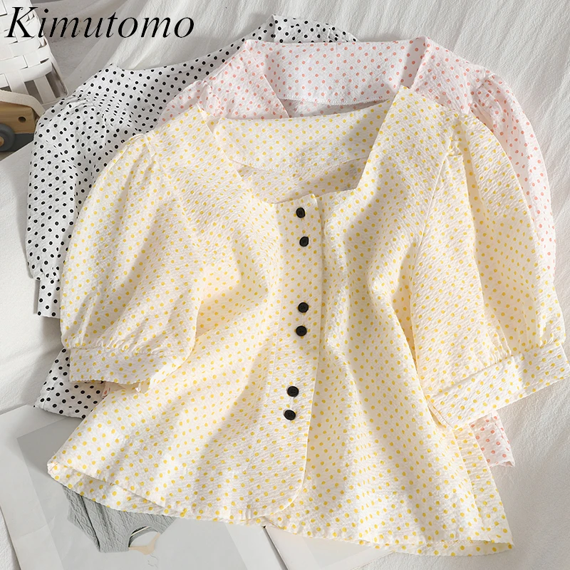 

Рубашка Kimutomo с квадратным воротником, летняя новая цветная контрастная блузка в горошек с рукавами-фонариками, женский корейский топ