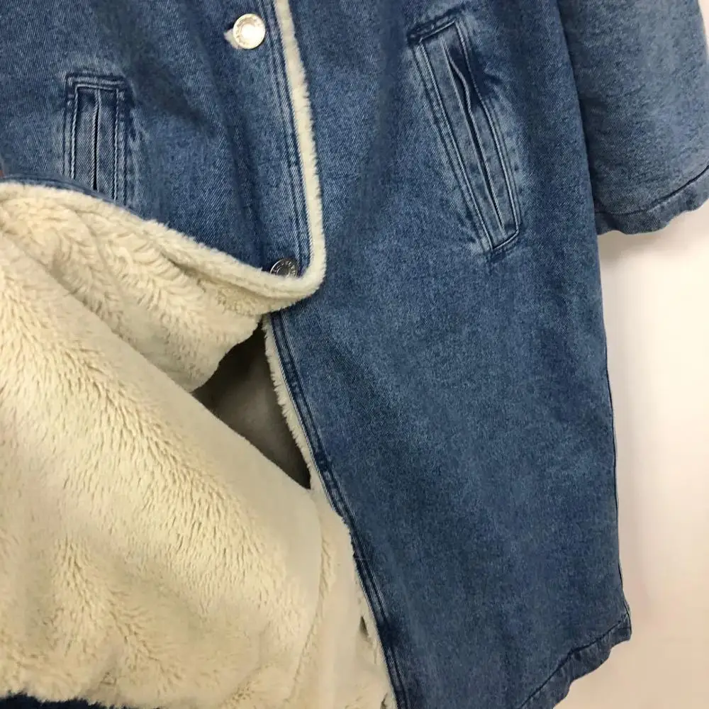 

Women's Long Jacket Denim Furry O-neck Single Breasted Loose 2020 Winter New Coat