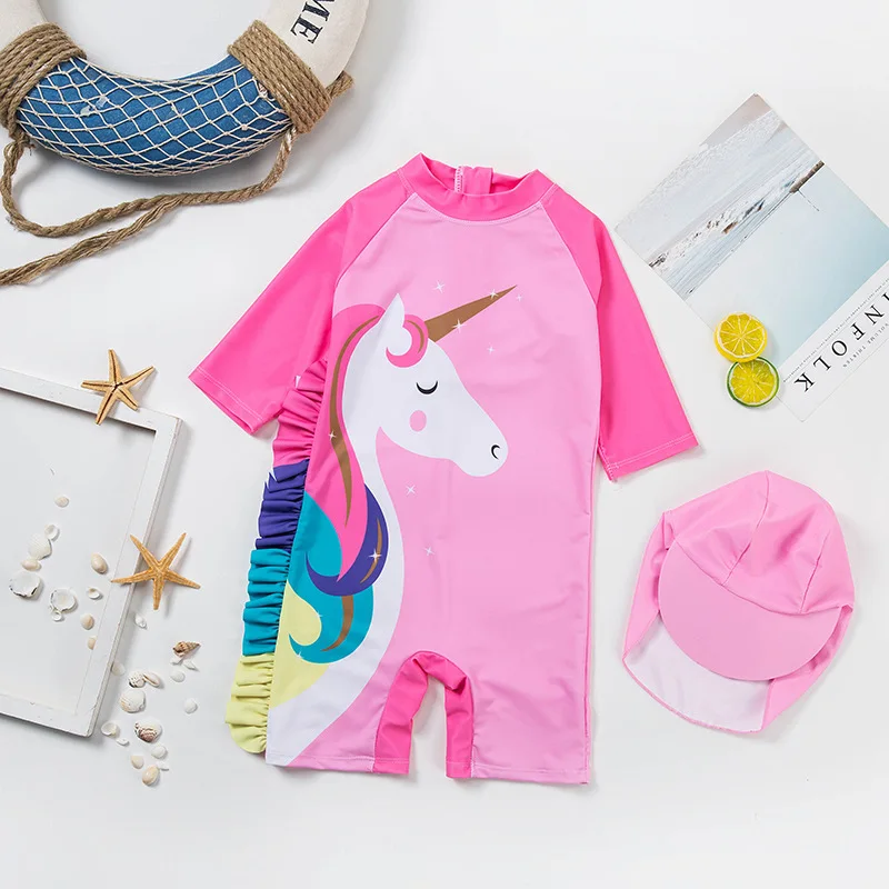 Детский слитный купальник купальный костюм для девочек с принтом единорога и