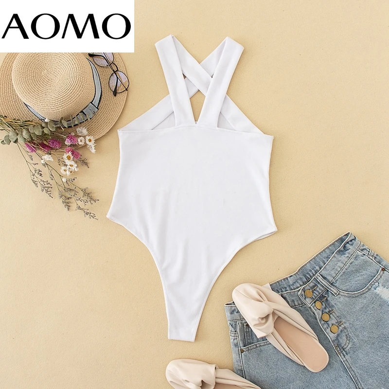 

AOMO Women Cross Playsuits Spaghetti Strap Sleeveless Rompers Ladies Summer Casual Chic Jumpsuits QJ20A