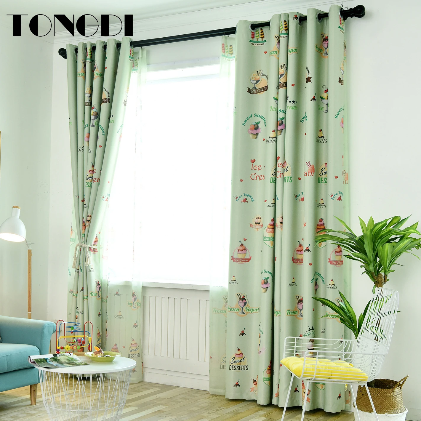 

TONGDI Children Blackout Curtain Cartoon Elegant Lovely Cute Kawaii Colorful Ice Cream Cake Printing Luxury Decora For Bedroom