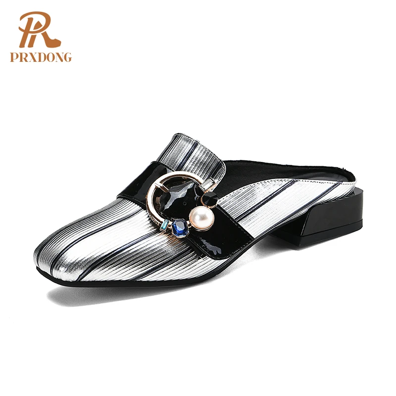 

2021 Hot Sale Genuine Leather Sandals Women Shoes Multi Colors Summer Square Heel Black Silver Sandals Ladies Casual Mules Shoes