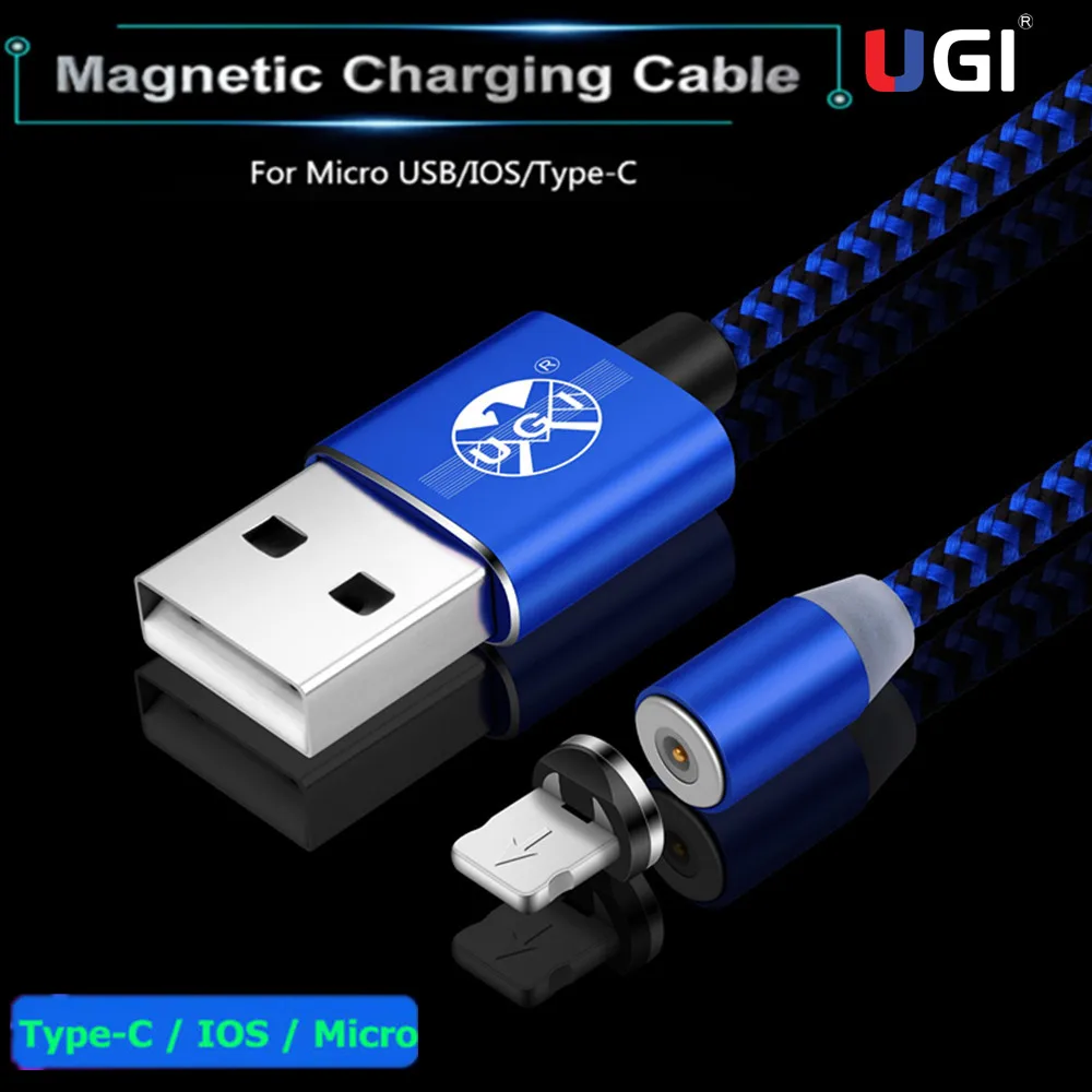 Магнитный кабель UGI IOS для быстрой зарядки Светодиодный Шнур Micro USB Type C плетеный