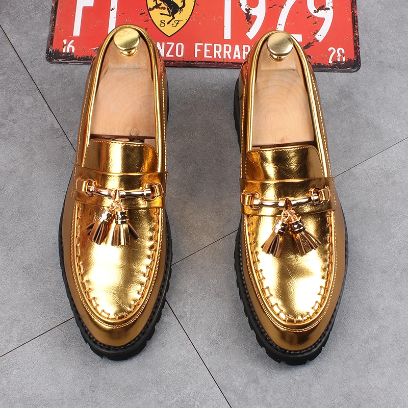 

European and American gold trend fashion lacquer leather tassel one foot hair stylist lazy men's dress studio wedding shoes