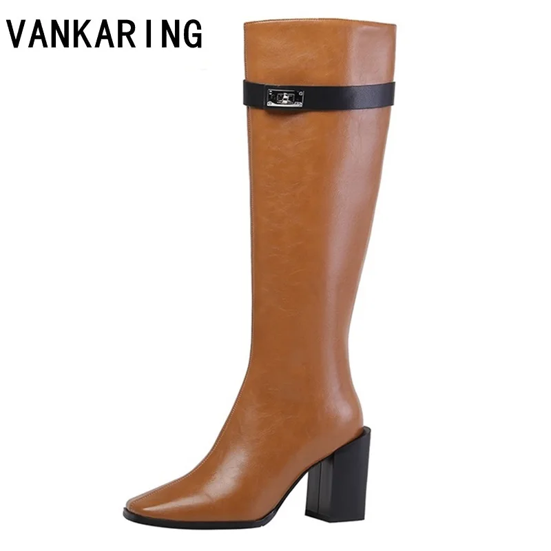 

2020 hot sale full leather women knee high boots buckle fashion simple long boots autumn winter square heels knight boots woman