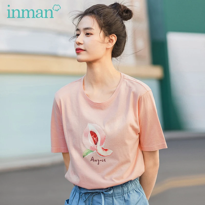 INMAN/Летняя футболка с короткими рукавами из чистого и свежего хлопка принтом