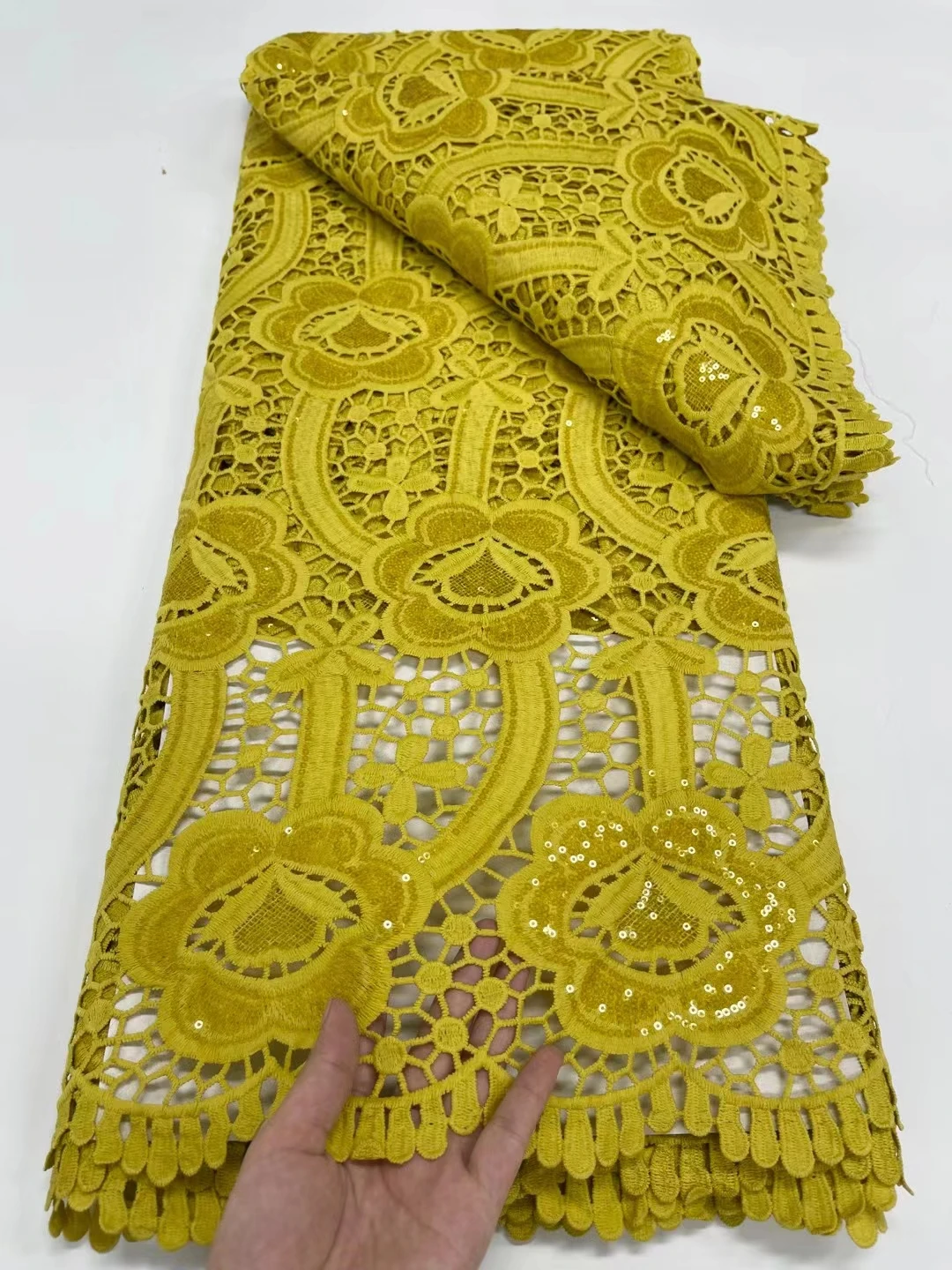 

Желтые блестки, Африканский шнур, кружевной материал для женского платья, чистый цвет, 5 ярдов, молочный шелк, гипюр, кружевная ткань XJYG34