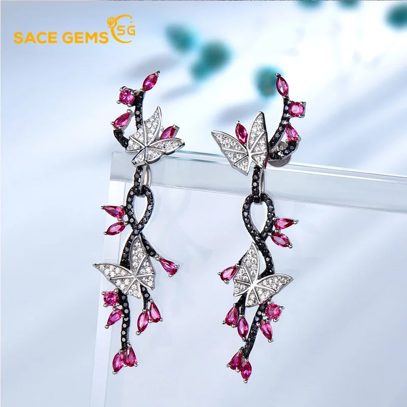 

SACE GEMS Women's Earrings S925 Sterling Silver Set with Nano Gemstone Black Spinel Ruby Butterfly New Cool Eardrop