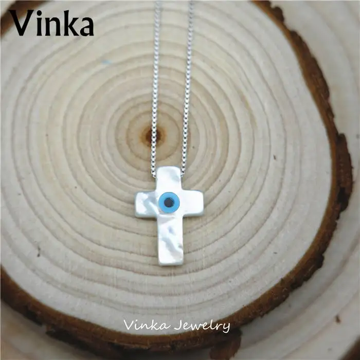 Cross silver chain Высокое Качество Маркиза/синий круглый/Хамса/Крест/бабочка синий глаз Швабра оболочки с стерлингового серебра 925 ювелирные изделия кулон ожерелье - Окраска металла: Cross silver chain