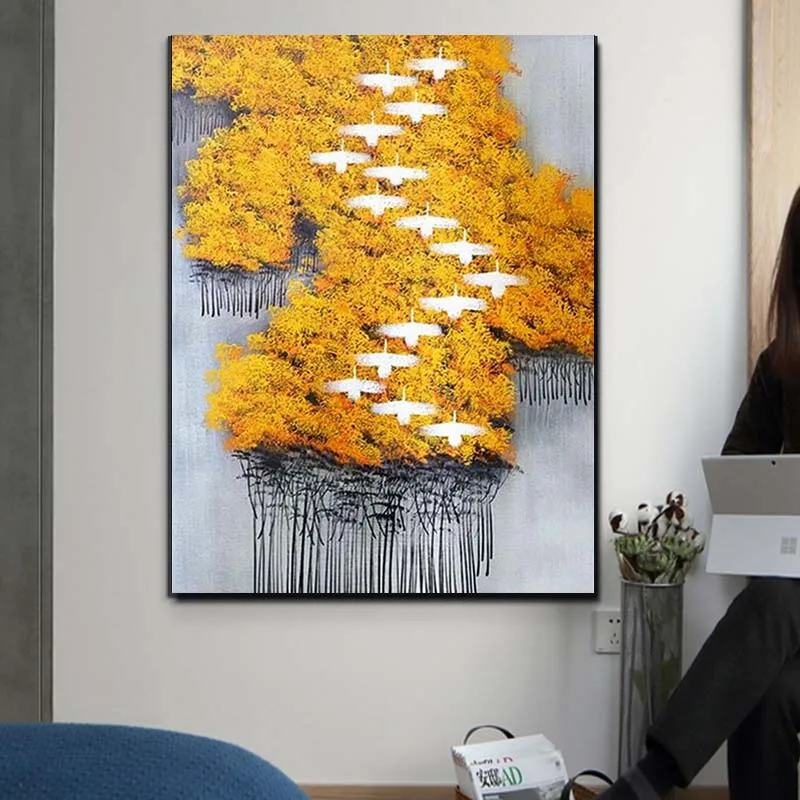 

Hand Painted Abstract Yellow Tree Landscape Oil Painting On Canvas Modern Wall Pictures For Living Room Home Decor Drop Shipping