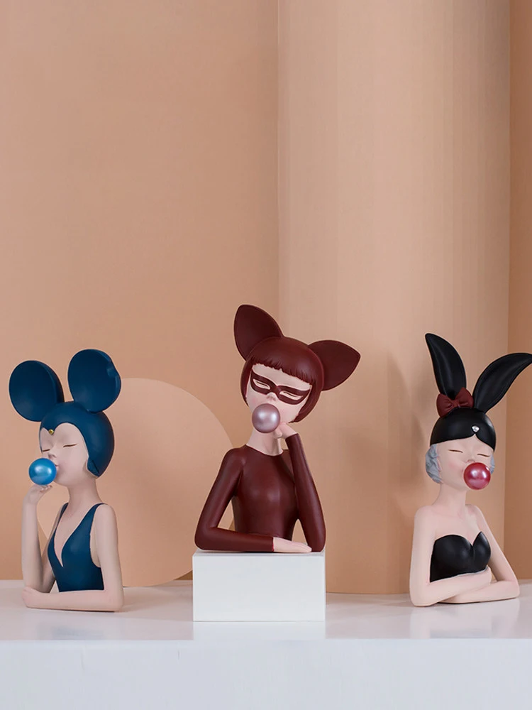 

Nordic Blowing Bubble Cat Rabbit Girls Resin Figurines Home Livingroom Table Statue Decoration Office Desktop Sculpture Crafts