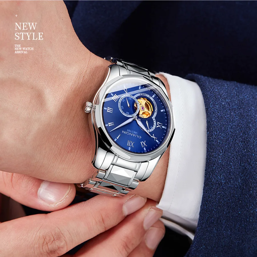GUANQIN Japan MIYOTA Quartz Movement Automatic Mechanical Watch Men Luxury Tungsten Steel Push Button Hidden Clasp Male Clock