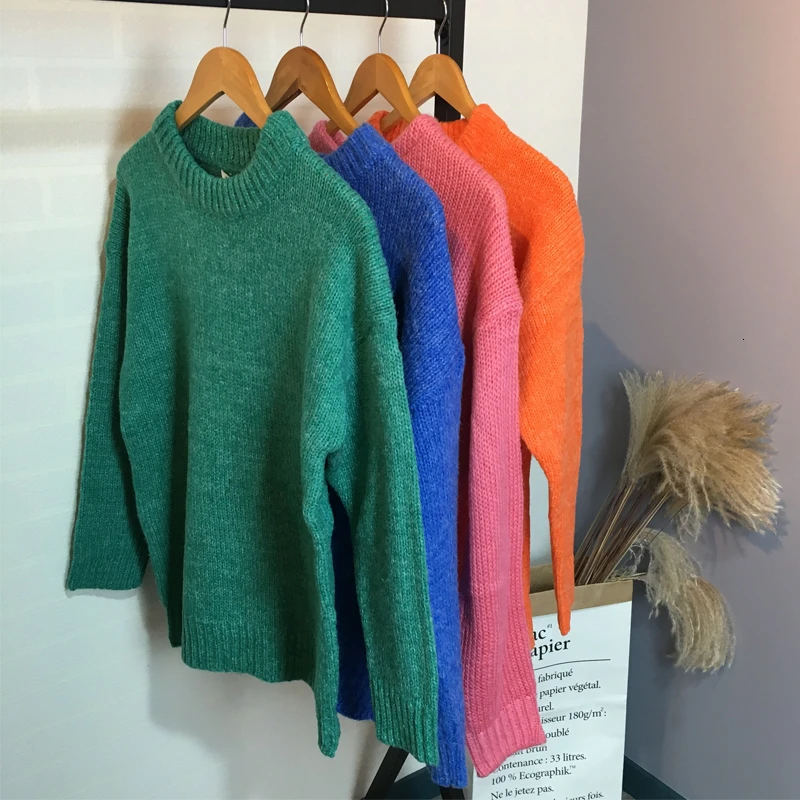 Женский трикотажный свитер розовый Свободный пуловер с круглым вырезом