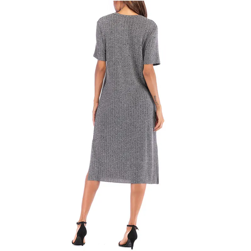 

Women Summer Dress Fashion Gray O-Neck Short Sleeve Office Dress Elegant Party Dresses Lady Casual Street Sexy Dress Vestidos