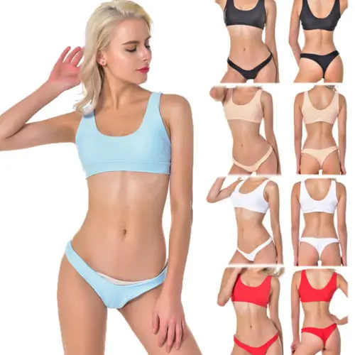 2Pcs Women Swimwear Push Up Padded Bathing Suit Solid Bandeau Tank Top Low Waist Swimsuit Brazilian Bikini Set Beachwear Hot |