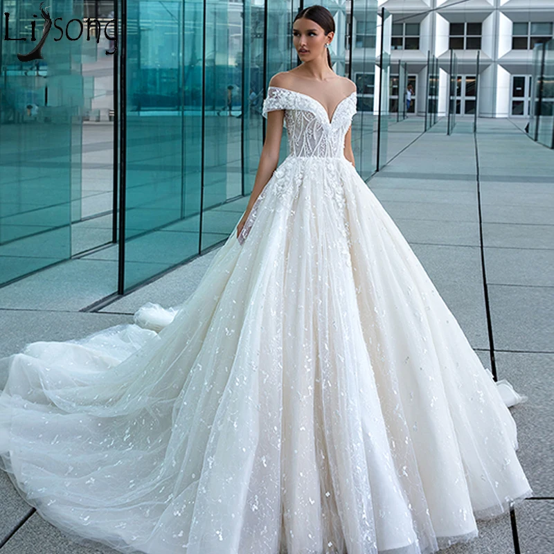 Элегантное свадебное платье с открытыми плечами vestido de noiva кружевное платье с аппликацией со шлейфом в стиле бохо для невесты шикарные свадебные платья