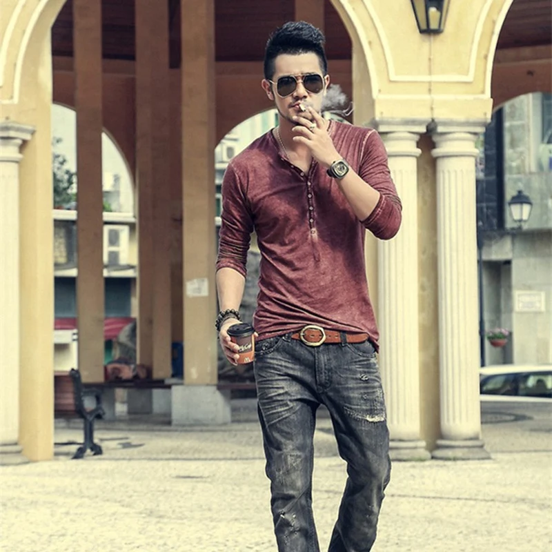 

Fashion Brand Men Cotton Blend T Shirts Casual Long Sleeve Men Button Pullovers Tee Shirt Spring Autumn Vintage Tops V-neck Full
