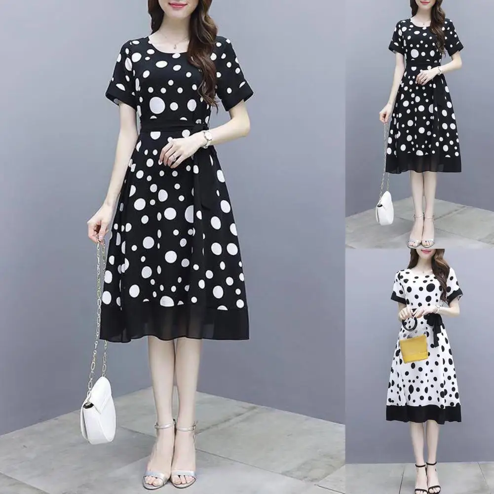 

Women Summer Casual Simple O-neck Short Sleeve Polka Dot Waistband Slim Dress Short Sleeve Polka Dot Waistband Slim Dress