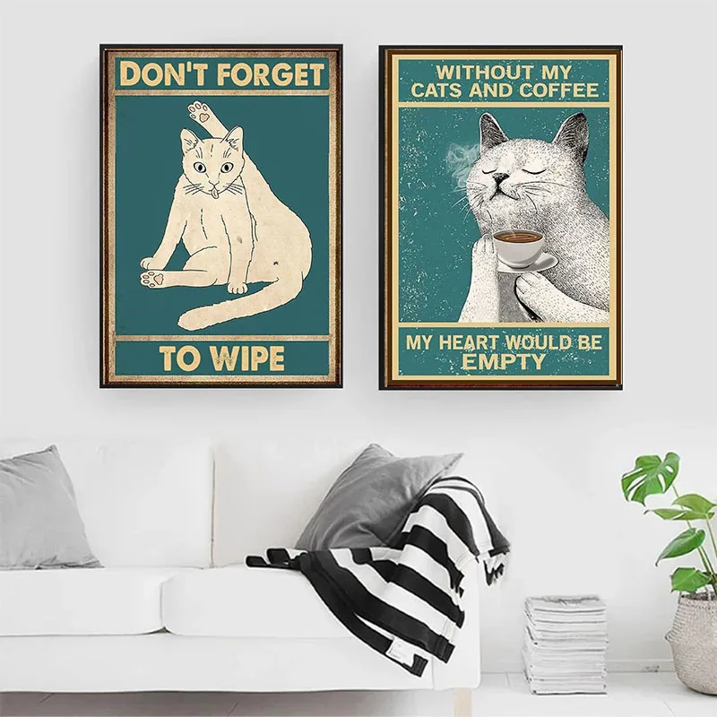 

Retro White Cat Black Cat Living Room Paintings Bathroom Personalized Decorative Paintings Canvas Paints Animal Poster Painting