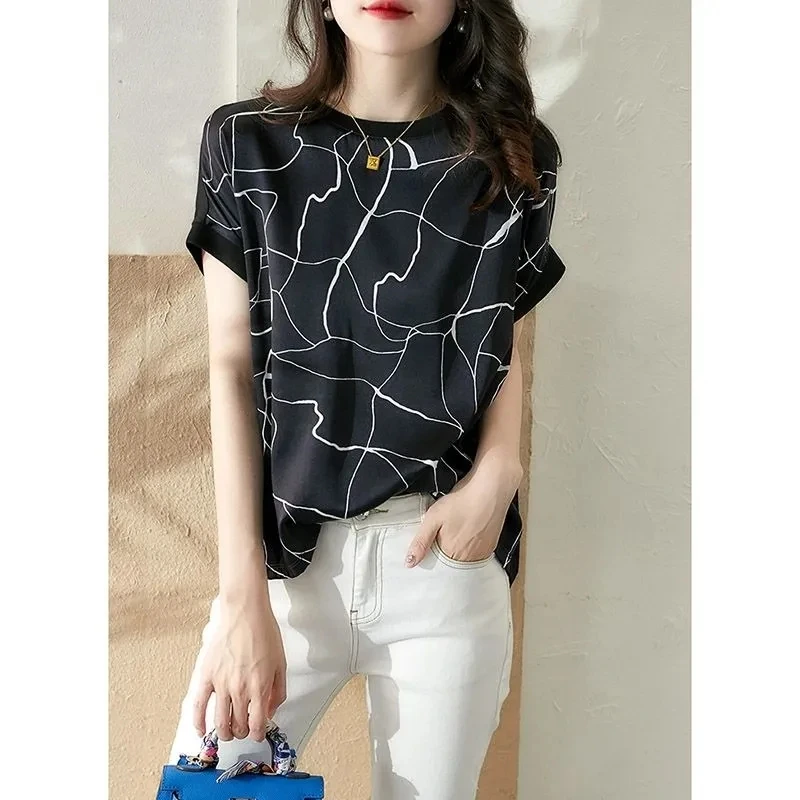 Женская Тонкая шелковая футболка черно-белая с коротким рукавом в Корейском
