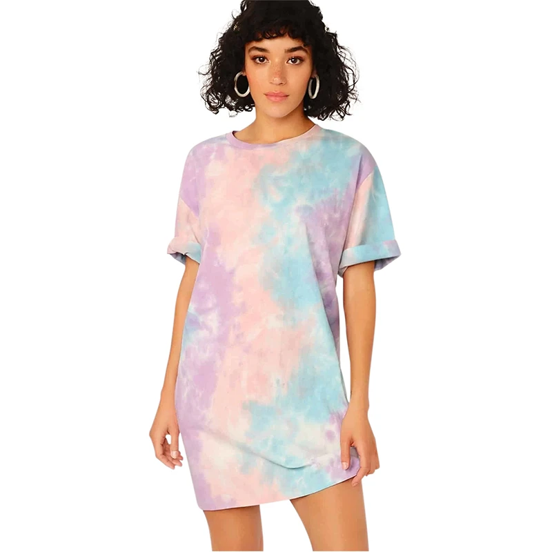 

Cute Tie Dye Print Summer Cotton Mini T-shirt Dress for Women Kawaii Girls High Waisted Short Rolled Sleeve Mini Dresses