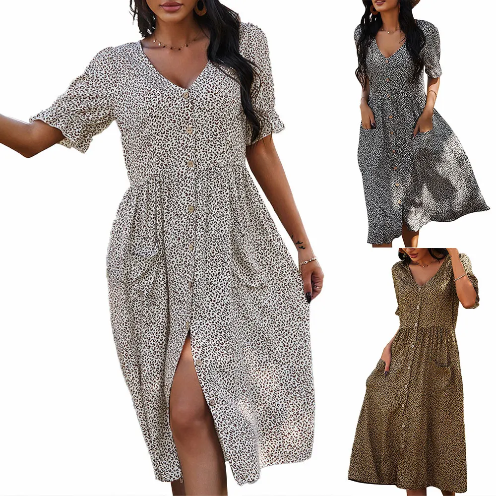 

Elegantes Vestidos Mujer Women Casual Plus Size V-neck Shirt Sleeve Floral Printed Button Dress Maxi Dress Summer