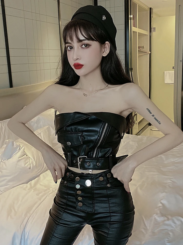 

Sexy Women PU Strapless Camisole Femme PU Leather Crop Tops Woman Fake Leather Tanks Tops