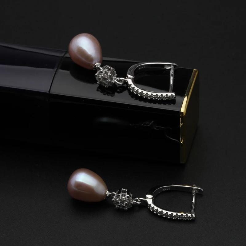 purple pearl earring Свадебные Висячие рождественские серьги для женщин, серьги с натуральным пресноводным жемчугом, серебряные ювелирные изделия 925, настоящие 8-9 мм жемчужины, белая коробка - Цвет камня: purple pearl earring