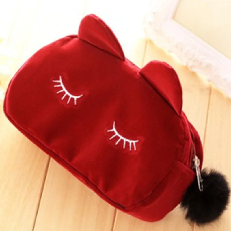 Dark Red Портативный чехол для хранения монет с мультяшным котом, фланелевый чехол для макияжа, косметичка, чехол s для женщин и девочек - Цвет: Dark Red