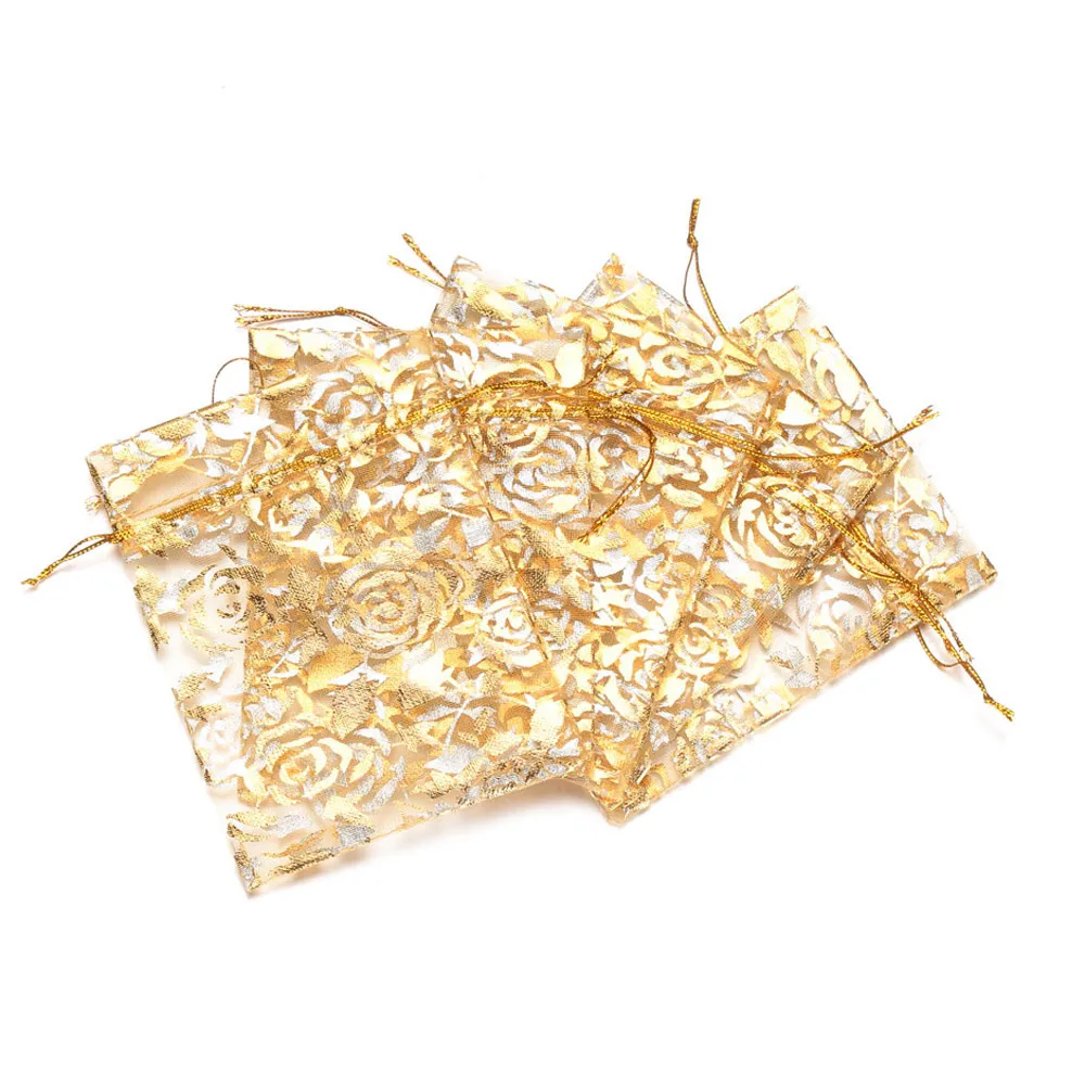 gold flower 10 шт. подарочная Сумка из органзы в форме сердца, свадебная сумка на шнурке, Яркая милая конфетная посылка вечерние украшения 7x9 9x12 13x18cm - Цвет: gold flower