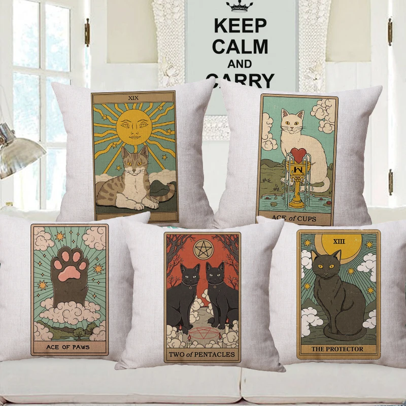 Наволочки в стиле ретро с рисунком карты Таро пес кошка бежевые Льняные