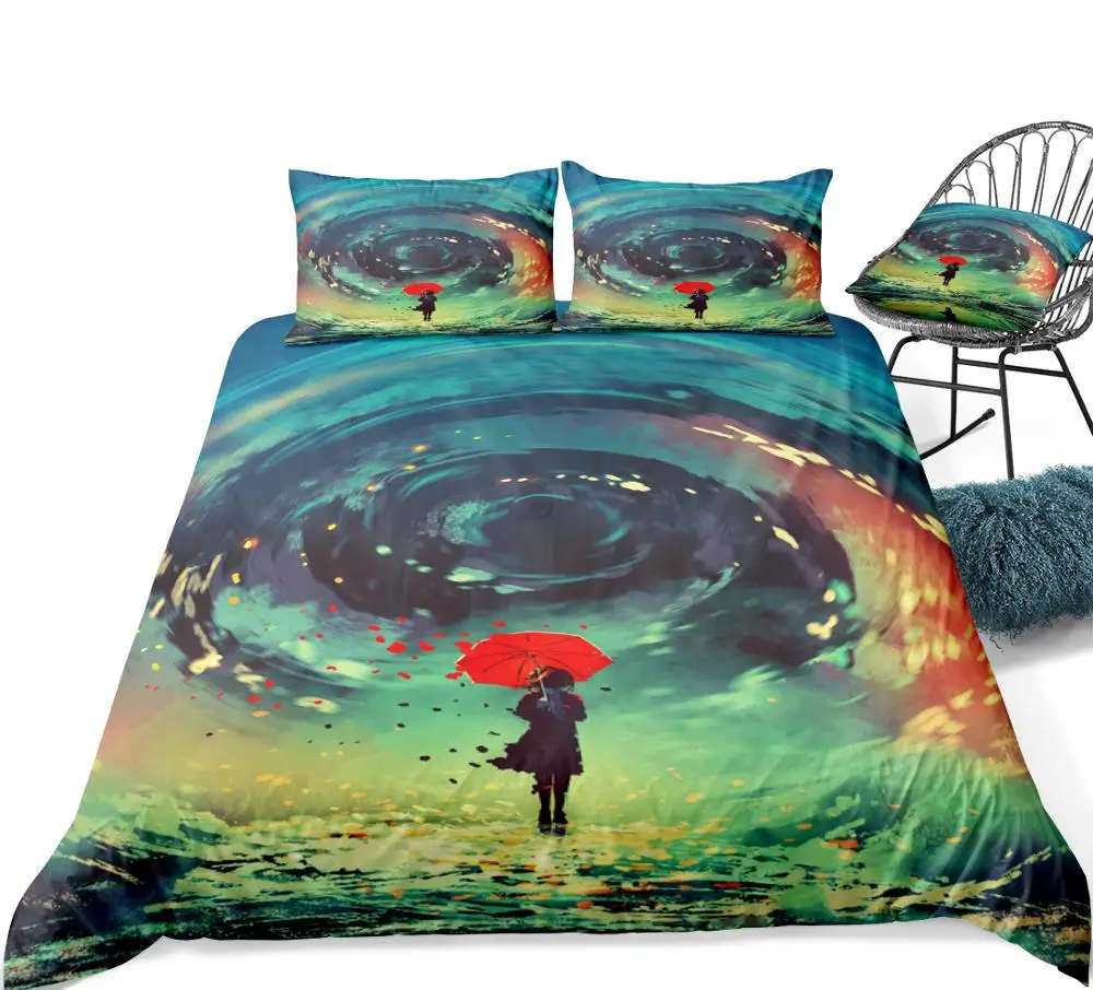 3 шт акварельный набор пододеяльников для девочек с красным зонтиком постельного