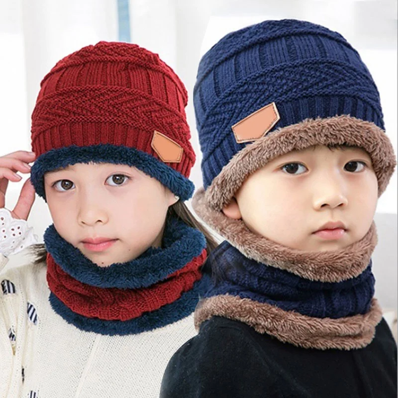 Q Kids Beanies Nice Gift Keep Warm Plush Knitted Ribbed Children Winter Supplies Hat Scarf Set Girl Boys Ring Scarves 2Pcs images - 6