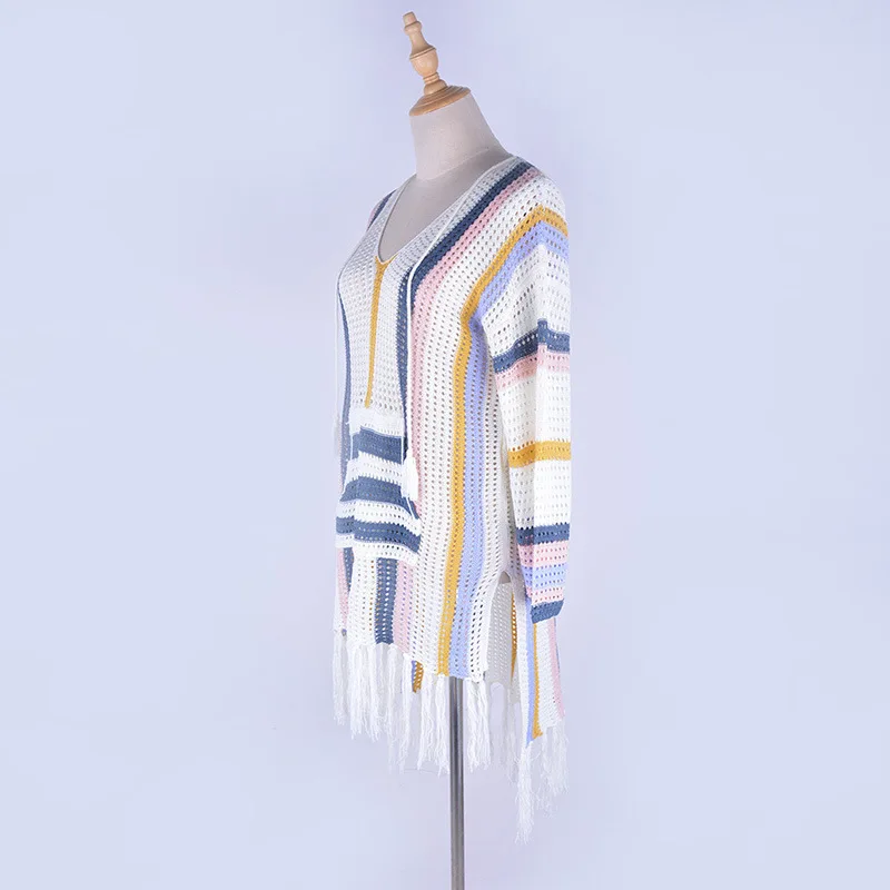 Трикотажное бикини туника с бахромой для пляжа Парео де Плайя Mujer кафтан Пляжная