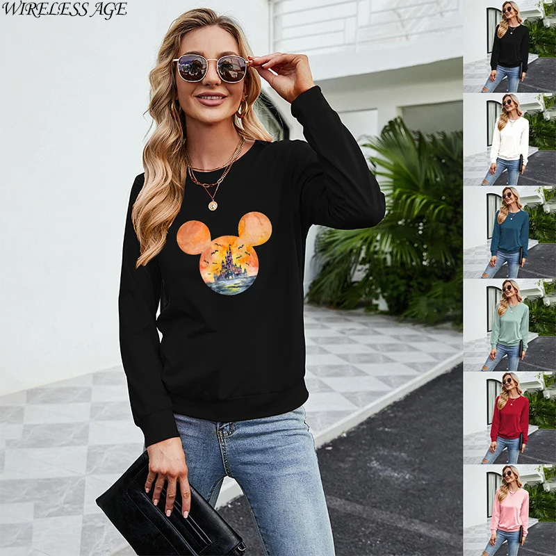 

WIRELESS AGE Sweater Women Long Sleeve Round Neck Cartoon Pattern Printed Slim Casual Women's Tops Spring Autumn Fashion Wild