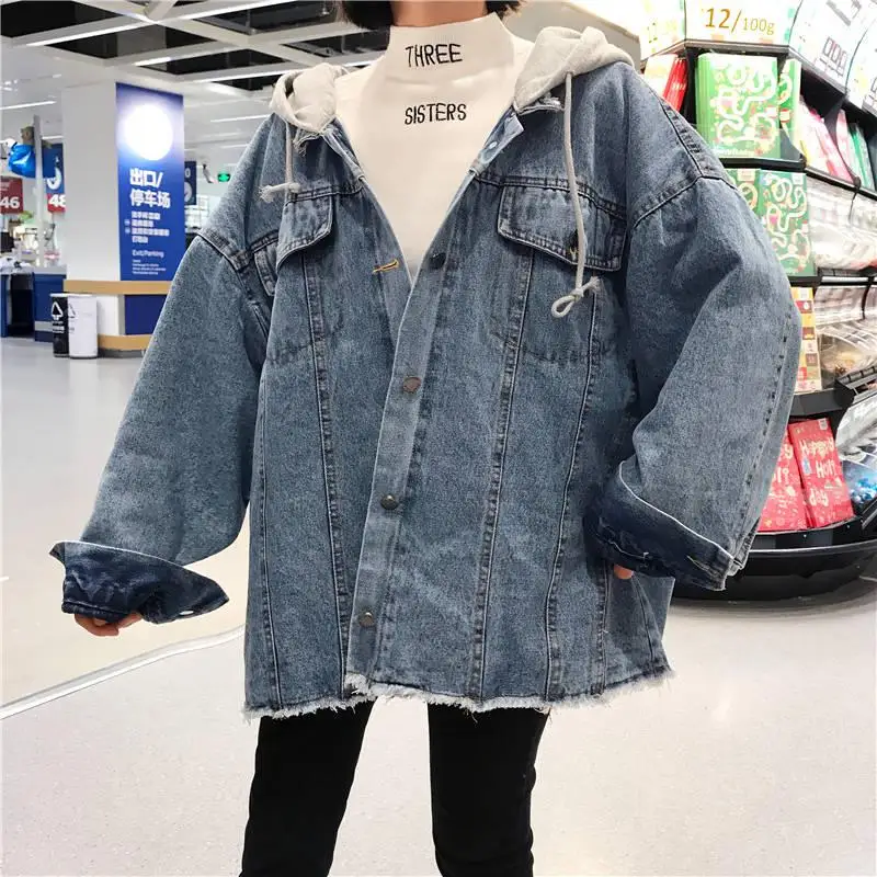 Женская джинсовая куртка с капюшоном Timis Li длинная свободная верхняя одежда в