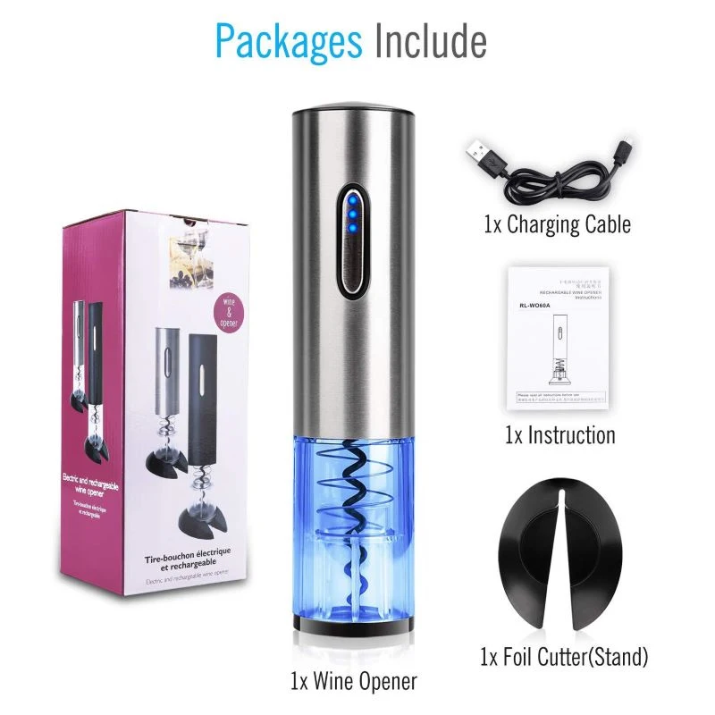 

2021 Rechargeable Electric Wine Opener Automatic Bottle Opener Stainless Steel Wine Opener USB Charging Cable Kitchen Tools