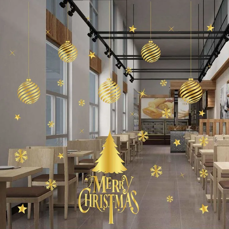 

Glue-free Golden Snowflake Christmas Stickers Ball Snowflake Pattern Glass Sticker Static Wall Sticker Wall Decal Home Decor
