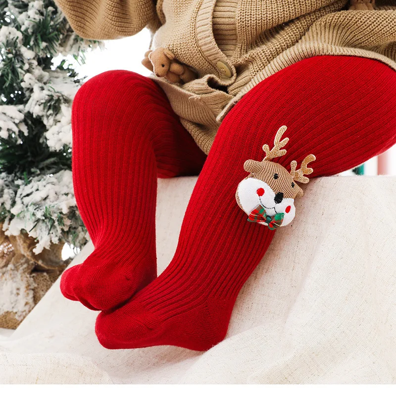 

Детские Рождественские красные колготки с оленями для девочек, зимние теплые эластичные трикотажные леггинсы, новинка 2022
