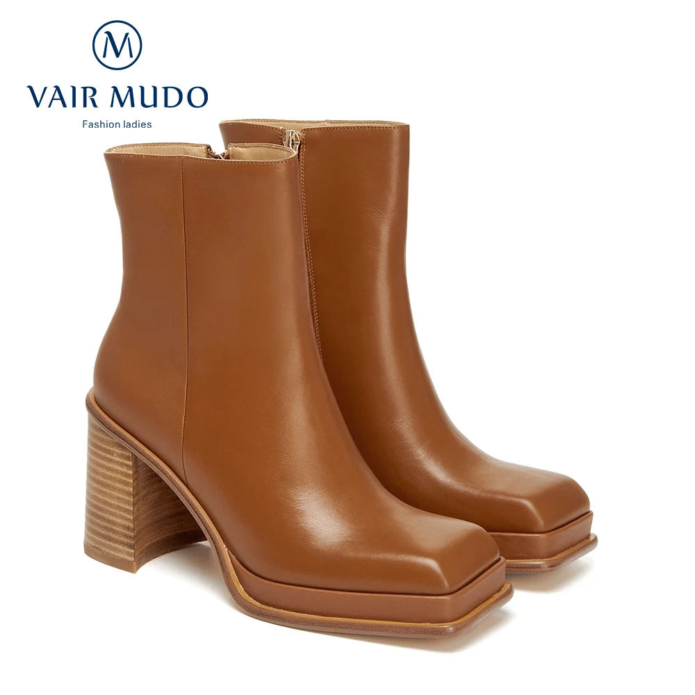 

VAIR MUDO Ankle Boots Shoes High Heels Brown Black Fashion Boot Genuine Leather Solid Concise Adult Square Toe Shoes WM-X73
