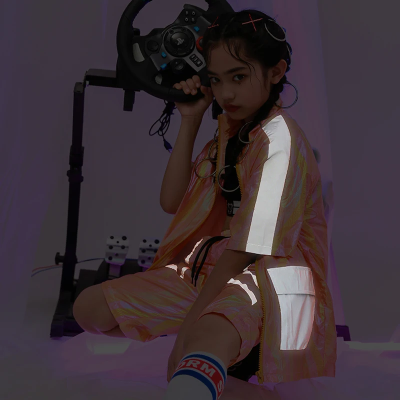 

Hip Hop Outfit Kids Stage Costume Flash Reflective Short Sleeve Shirt Shorts Girl Crop Tops Set Boys Basketball Wear 120CM-170CM