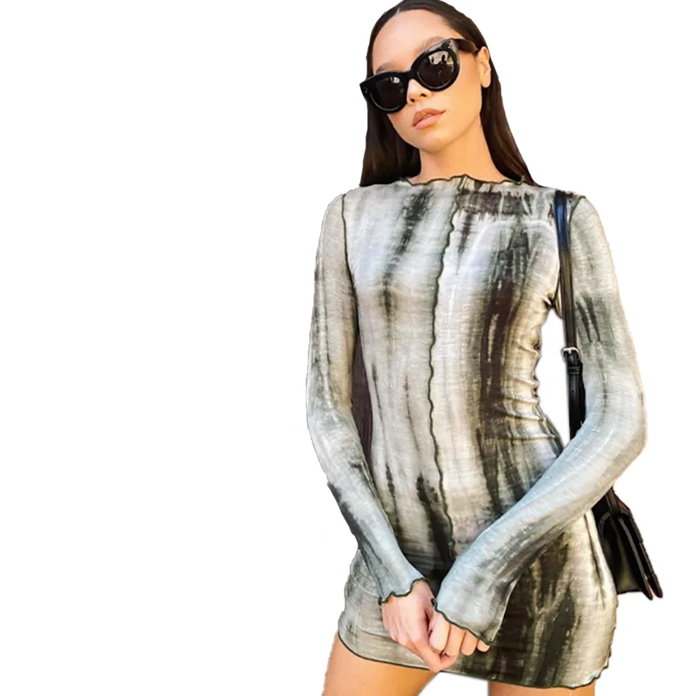 

Summer Fashion New Irregular Tie-dye Bag Hip Skirt Round Neck Anti-car Line Long Sleeve Dress Women