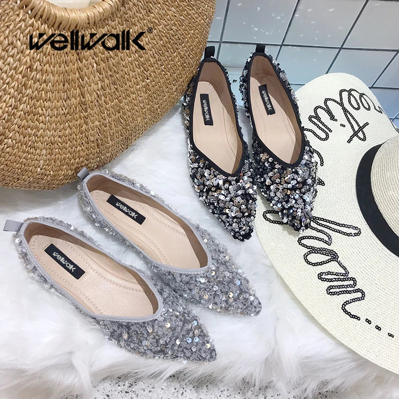 Wellwalk/Балетки с блестками женская обувь на плоской подошве со стразами женские